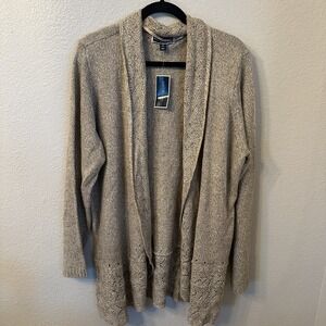 NWT Karen Scott Woman Cardigan 2X Oatmeal Open Front‎ Texture Fall Boho